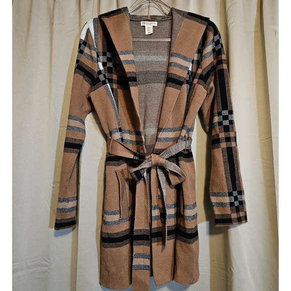 Christian Siriano Sweaters - Christian Siriano Hooded Brown Plaid Cardigan Sweater Women's Size Medium